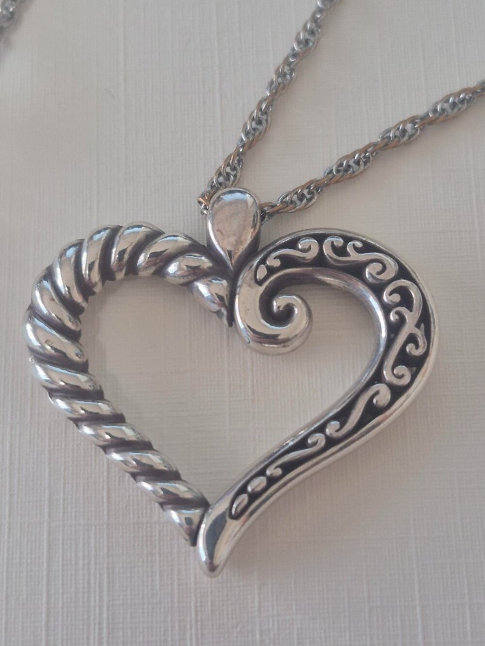 Brighton Heart Pendant Necklace – Silver Tone Filigree & Scrollwork